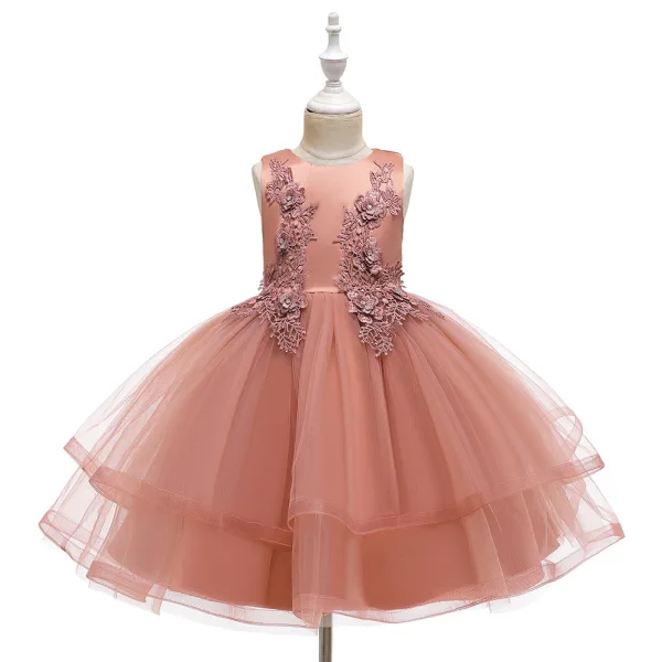 Chic / Beautiful Champagne Birthday Flower Girl Dresses 2020 Ball Gown Scoop Neck Sleeveless Appliques Lace Rhinestone Short Ruffle