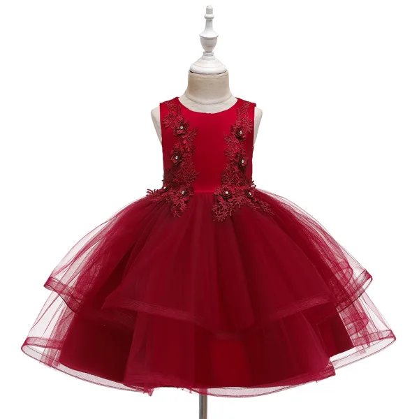 Chic / Beautiful Champagne Birthday Flower Girl Dresses 2020 Ball Gown Scoop Neck Sleeveless Appliques Lace Rhinestone Short Ruffle
