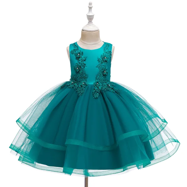 Chic / Beautiful Champagne Birthday Flower Girl Dresses 2020 Ball Gown Scoop Neck Sleeveless Appliques Lace Rhinestone Short Ruffle