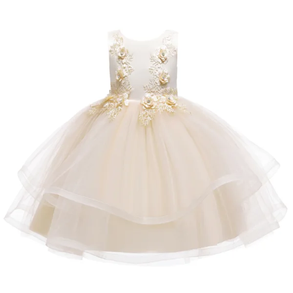 Chic / Beautiful Champagne Birthday Flower Girl Dresses 2020 Ball Gown Scoop Neck Sleeveless Appliques Lace Rhinestone Short Ruffle