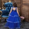Chic / Beautiful Royal Blue Birthday Flower Girl Dresses 2020 Ball Gown Scoop Neck Sleeveless Backless Beading Pearl Bow Sash Floor-Length / Long Cascading Ruffles