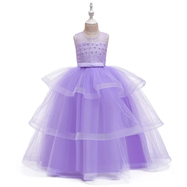 Chic / Beautiful Royal Blue Birthday Flower Girl Dresses 2020 Ball Gown Scoop Neck Sleeveless Backless Beading Pearl Bow Sash Floor-Length / Long Cascading Ruffles