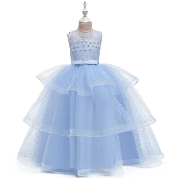 Chic / Beautiful Royal Blue Birthday Flower Girl Dresses 2020 Ball Gown Scoop Neck Sleeveless Backless Beading Pearl Bow Sash Floor-Length / Long Cascading Ruffles
