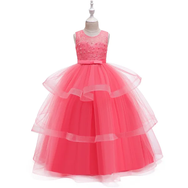Chic / Beautiful Royal Blue Birthday Flower Girl Dresses 2020 Ball Gown Scoop Neck Sleeveless Backless Beading Pearl Bow Sash Floor-Length / Long Cascading Ruffles