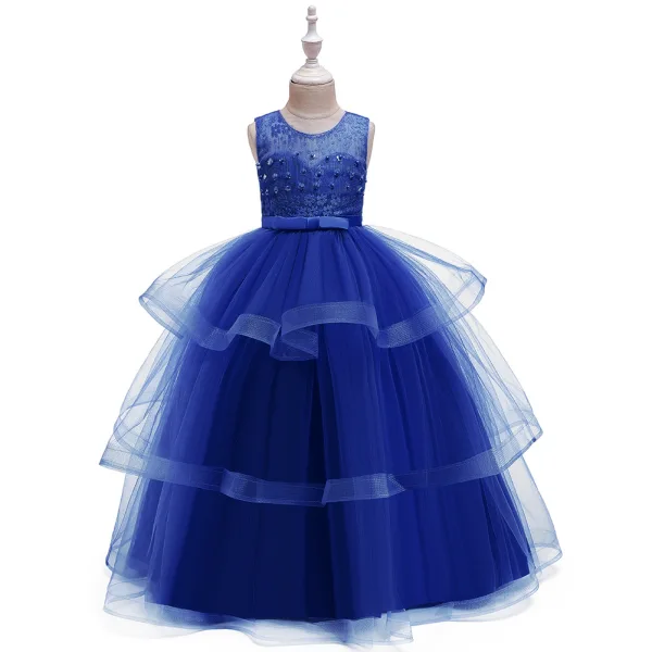 Chic / Beautiful Royal Blue Birthday Flower Girl Dresses 2020 Ball Gown Scoop Neck Sleeveless Backless Beading Pearl Bow Sash Floor-Length / Long Cascading Ruffles