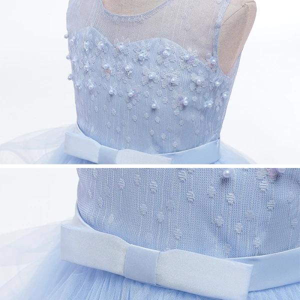 Chic / Beautiful Royal Blue Birthday Flower Girl Dresses 2020 Ball Gown Scoop Neck Sleeveless Backless Beading Pearl Bow Sash Floor-Length / Long Cascading Ruffles