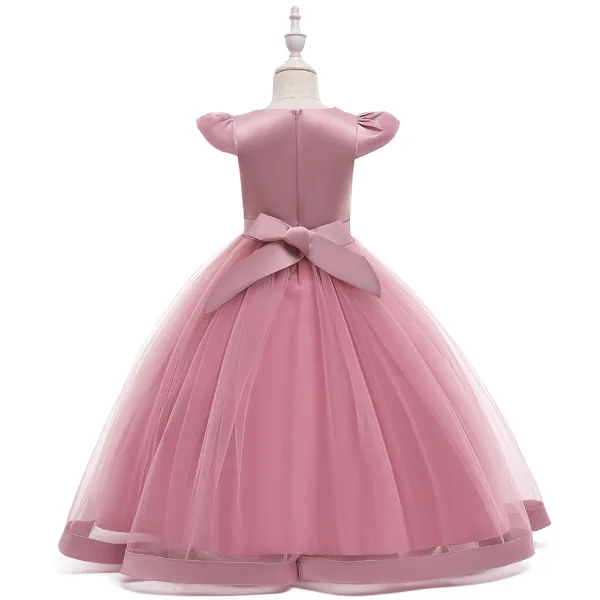 Vintage / Retro Candy Pink Birthday Flower Girl Dresses 2020 Ball Gown Scoop Neck Cap Sleeves Appliques Lace Floor-Length / Long Ruffle