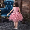 Asequible Rosa Cumpleaños Vestidos para niñas 2020 Ball Gown Scoop Escote Sin Mangas Apliques Con Encaje Flor Rebordear Perla Cortos Ruffle