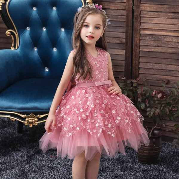 Affordable Candy Pink Birthday Flower Girl Dresses 2020 Ball Gown Scoop Neck Sleeveless Appliques Lace Flower Beading Pearl Short Ruffle