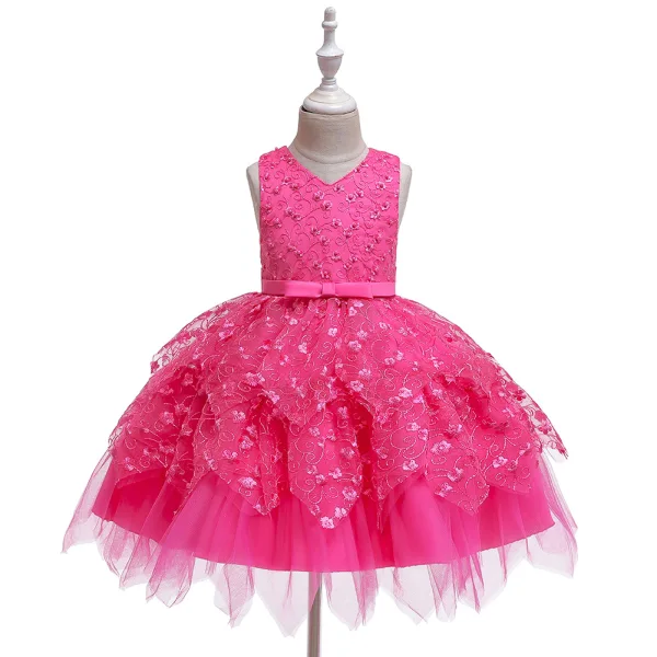 Affordable Candy Pink Birthday Flower Girl Dresses 2020 Ball Gown Scoop Neck Sleeveless Appliques Lace Flower Beading Pearl Short Ruffle
