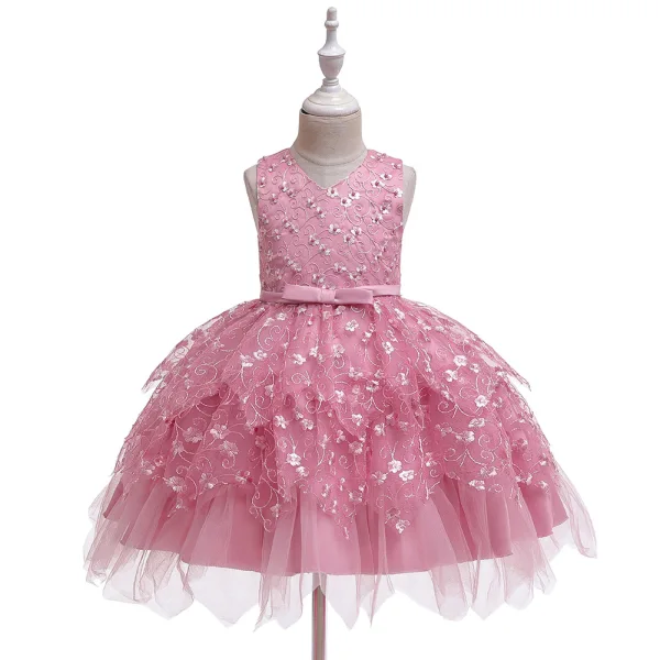 Affordable Candy Pink Birthday Flower Girl Dresses 2020 Ball Gown Scoop Neck Sleeveless Appliques Lace Flower Beading Pearl Short Ruffle