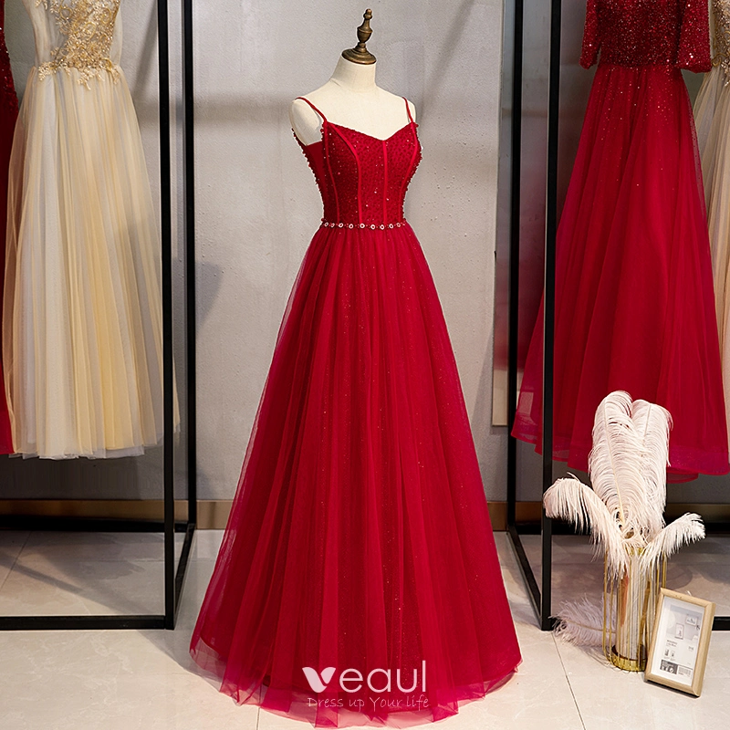 Chic Belle Rouge De Fiancailles Robe De Soiree 2020 Princesse Bretelles Spaghetti Sans Manches Perlage Glitter Tulle Longue Volants Dos Nu Robe De Ceremonie