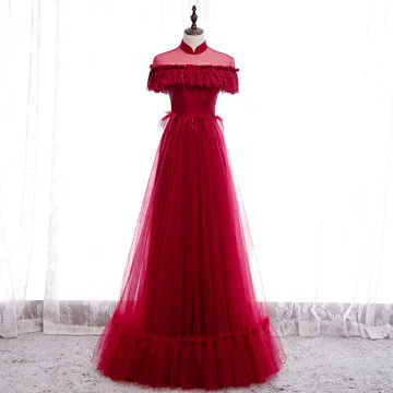 Vintage Retro Red Lace Evening Dresses 2020 A Line Princess See Through High Neck Short Sleeve Feather Floor Length Long Formal Dresses
