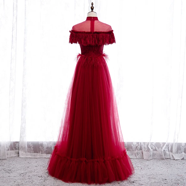 Vintage / Retro Red Lace Evening Dresses 2020 A-Line / Princess See-through High Neck Short Sleeve Feather Floor-Length / Long Formal Dresses