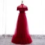 Vintage / Retro Red Lace Evening Dresses  2020 A-Line / Princess See-through High Neck Short Sleeve Feather Floor-Length / Long Formal Dresses