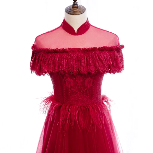 Vintage / Retro Red Lace Evening Dresses 2020 A-Line / Princess See-through High Neck Short Sleeve Feather Floor-Length / Long Formal Dresses