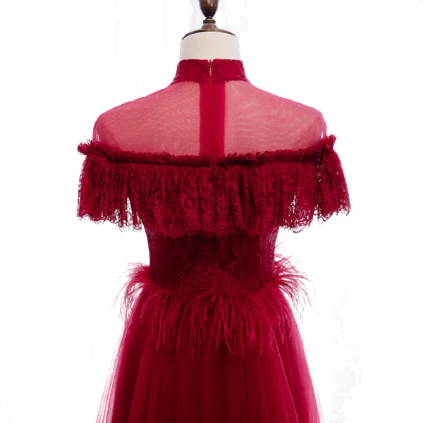 Vintage / Retro Red Lace Evening Dresses 2020 A-Line / Princess See-through High Neck Short Sleeve Feather Floor-Length / Long Formal Dresses