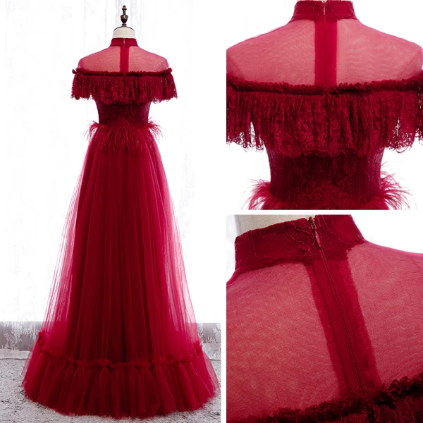 Vintage / Retro Red Lace Evening Dresses 2020 A-Line / Princess See-through High Neck Short Sleeve Feather Floor-Length / Long Formal Dresses
