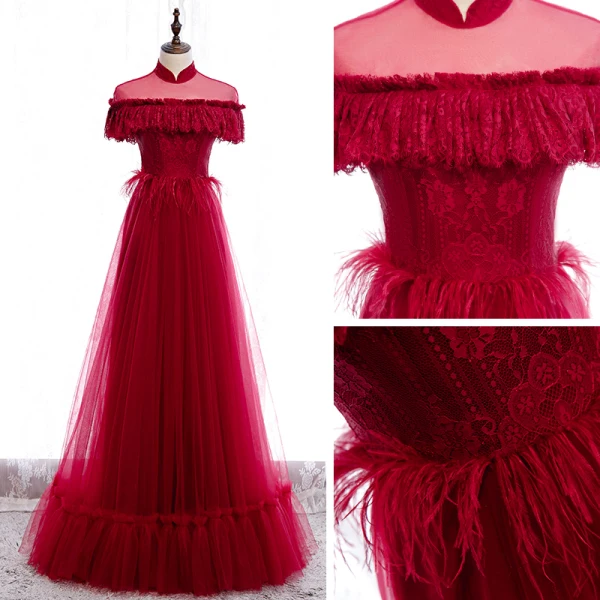 Vintage / Retro Red Lace Evening Dresses 2020 A-Line / Princess See-through High Neck Short Sleeve Feather Floor-Length / Long Formal Dresses