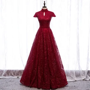 Vintage Originale Bordeaux Robe De Soirée 2020 Princesse Col Haut Manches Courtes Perlage Glitter Tulle Longue Volants Dos Nu Robe De Ceremonie