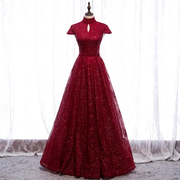 Vintage Retro Burgundy Evening Dresses 2020 A Line Princess High Neck Short Sleeve Beading Glitter Tulle Floor Length Long Ruffle Backless Formal Dresses