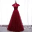 Vintage / Retro Burgundy Evening Dresses  2020 A-Line / Princess High Neck Short Sleeve Beading Glitter Tulle Floor-Length / Long Ruffle Backless Formal Dresses