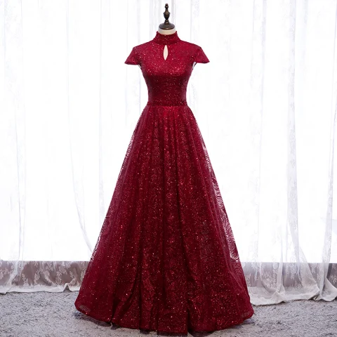 Vintage Borgoña Vestidos de noche 2020 A-Line / Princess Cuello Alto Manga Corta Rebordear Glitter Tul Largos Ruffle Sin Espalda Vestidos Formales