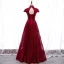 Vintage / Retro Burgundy Evening Dresses  2020 A-Line / Princess High Neck Short Sleeve Beading Glitter Tulle Floor-Length / Long Ruffle Backless Formal Dresses