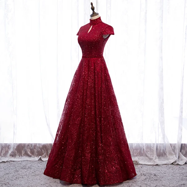 Vintage / Retro Burgundy Evening Dresses  2020 A-Line / Princess High Neck Short Sleeve Beading Glitter Tulle Floor-Length / Long Ruffle Backless Formal Dresses