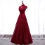 Vintage / Retro Burgundy Evening Dresses  2020 A-Line / Princess High Neck Short Sleeve Beading Glitter Tulle Floor-Length / Long Ruffle Backless Formal Dresses