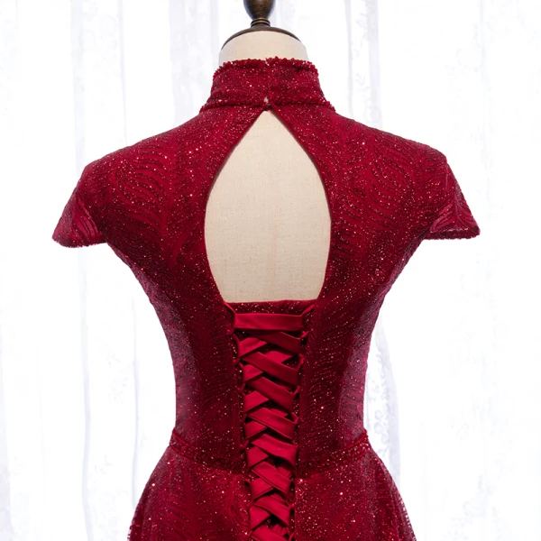Vintage / Retro Burgundy Evening Dresses  2020 A-Line / Princess High Neck Short Sleeve Beading Glitter Tulle Floor-Length / Long Ruffle Backless Formal Dresses
