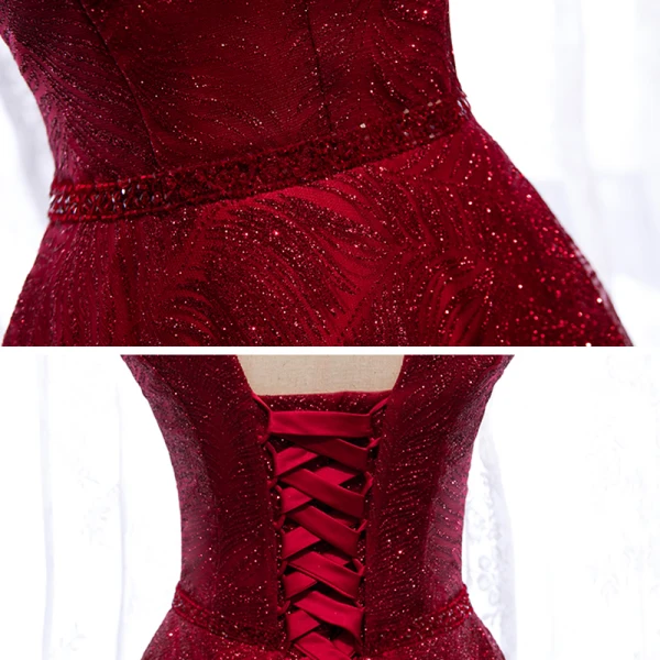 Vintage / Retro Burgundy Evening Dresses  2020 A-Line / Princess High Neck Short Sleeve Beading Glitter Tulle Floor-Length / Long Ruffle Backless Formal Dresses