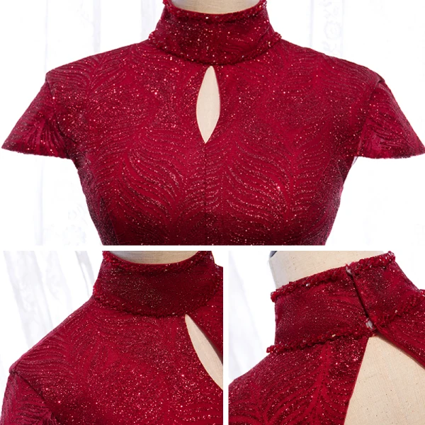 Vintage / Retro Burgundy Evening Dresses  2020 A-Line / Princess High Neck Short Sleeve Beading Glitter Tulle Floor-Length / Long Ruffle Backless Formal Dresses