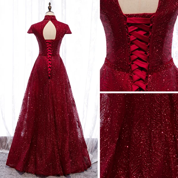 Vintage / Retro Burgundy Evening Dresses  2020 A-Line / Princess High Neck Short Sleeve Beading Glitter Tulle Floor-Length / Long Ruffle Backless Formal Dresses