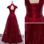 Vintage / Retro Burgundy Evening Dresses  2020 A-Line / Princess High Neck Short Sleeve Beading Glitter Tulle Floor-Length / Long Ruffle Backless Formal Dresses