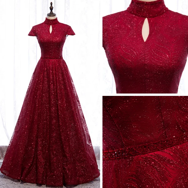 Vintage / Retro Burgundy Evening Dresses  2020 A-Line / Princess High Neck Short Sleeve Beading Glitter Tulle Floor-Length / Long Ruffle Backless Formal Dresses