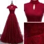 Vintage / Retro Burgundy Evening Dresses  2020 A-Line / Princess High Neck Short Sleeve Beading Glitter Tulle Floor-Length / Long Ruffle Backless Formal Dresses