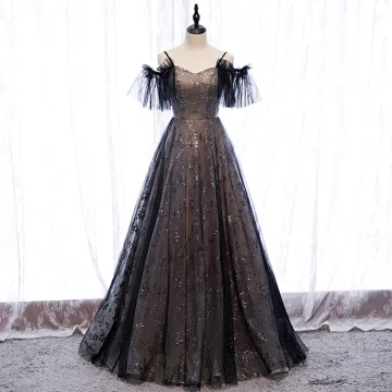 Abordable Noire Robe De Bal 2020 Princesse Bretelles Spaghetti Manches Courtes Paillettes Longue Volants Dos Nu Robe De Ceremonie