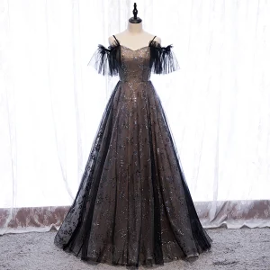 Asequible Negro Vestidos De Gala 2020 A Line Princess Spaghetti Straps Manga Corta Lentejuelas Largos Ruffle Sin Espalda Vestidos Formales