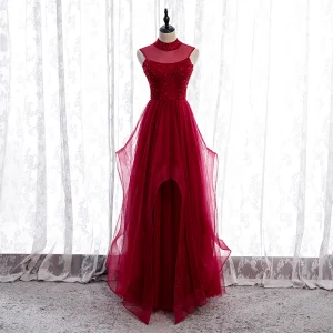 Vintage Originale Bordeaux Robe De Soirée 2020 Princesse Transparentes Col Haut Sans Manches Perlage Longue Volants Dos Nu Robe De Ceremonie