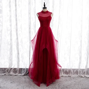 Vintage Burgundy Aftonklänningar 2020 Prinsessa Genomskinliga Hög Hals Ärmlös Beading Långa Ruffle Halterneck Formella Klänningar