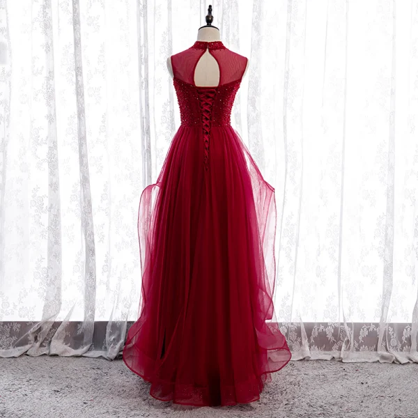 Vintage / Retro Burgundy Evening Dresses 2020 A-Line / Princess See-through High Neck Sleeveless Beading Floor-Length / Long Ruffle Backless Formal Dresses