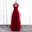 Vintage / Retro Burgundy Evening Dresses  2020 A-Line / Princess See-through High Neck Sleeveless Beading Floor-Length / Long Ruffle Backless Formal Dresses