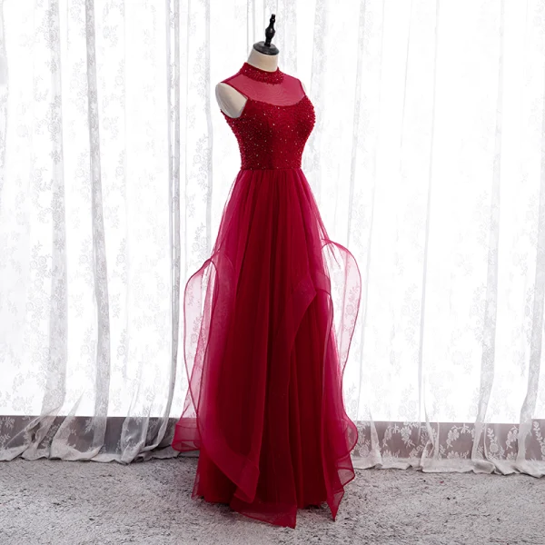 Vintage / Retro Burgundy Evening Dresses 2020 A-Line / Princess See-through High Neck Sleeveless Beading Floor-Length / Long Ruffle Backless Formal Dresses