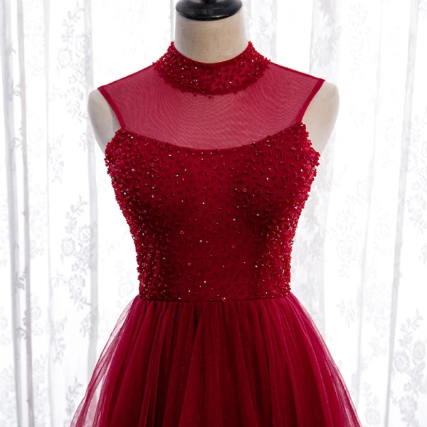Vintage / Retro Burgundy Evening Dresses 2020 A-Line / Princess See-through High Neck Sleeveless Beading Floor-Length / Long Ruffle Backless Formal Dresses