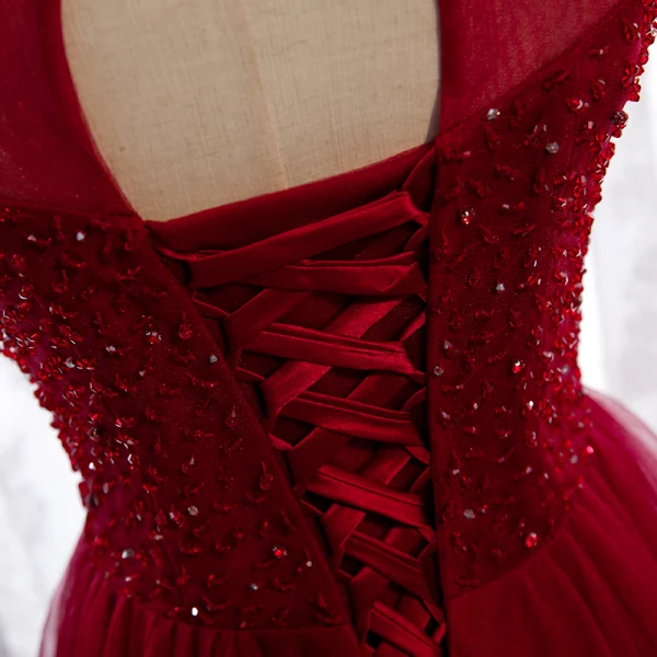 Vintage / Retro Burgundy Evening Dresses 2020 A-Line / Princess See-through High Neck Sleeveless Beading Floor-Length / Long Ruffle Backless Formal Dresses