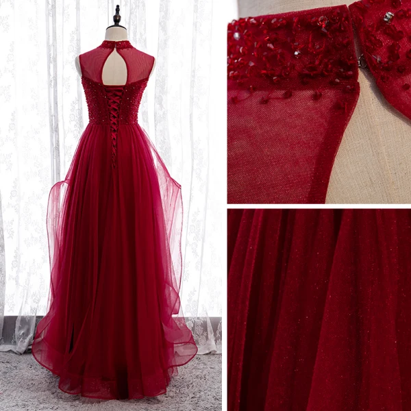 Vintage / Retro Burgundy Evening Dresses 2020 A-Line / Princess See-through High Neck Sleeveless Beading Floor-Length / Long Ruffle Backless Formal Dresses
