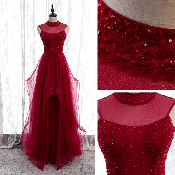 Vintage / Retro Burgundy Evening Dresses 2020 A-Line / Princess See-through High Neck Sleeveless Beading Floor-Length / Long Ruffle Backless Formal Dresses