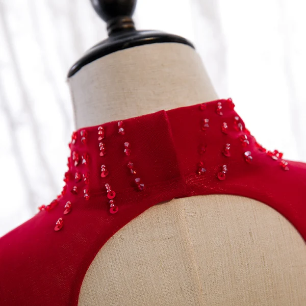 Vintage Rød Selskabskjoler 2020 Prinsesse Gennemsigtig Høj Hals Bell ærmer Beading Pailletter Lange Cascading Flæser Halterneck Kjoler