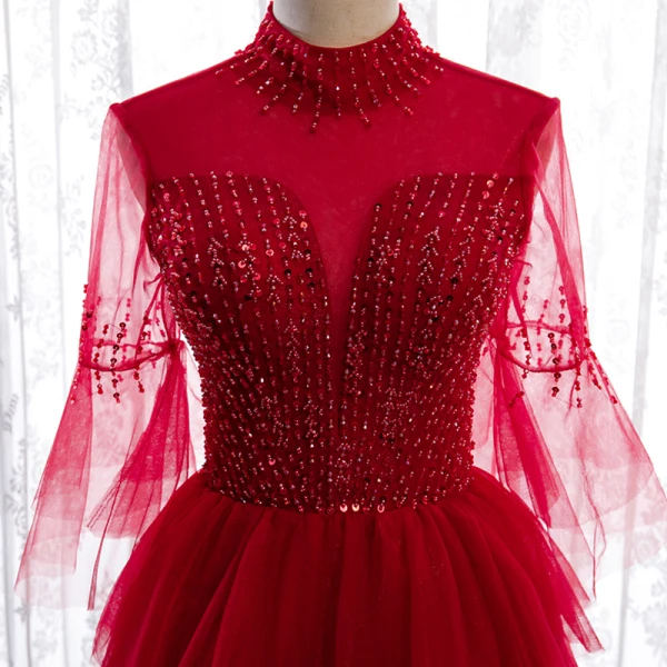 Vintage Rød Selskabskjoler 2020 Prinsesse Gennemsigtig Høj Hals Bell ærmer Beading Pailletter Lange Cascading Flæser Halterneck Kjoler